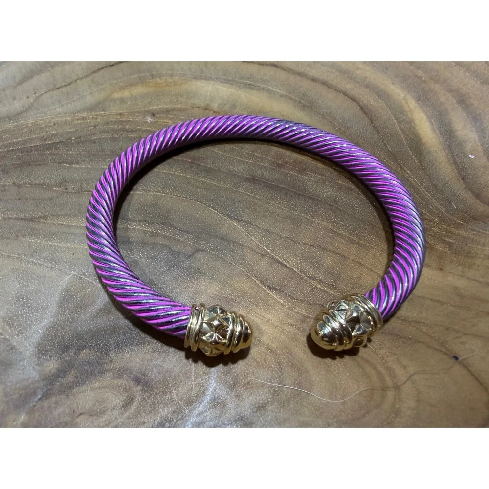 Purple Twisted Cable Cuff Bracelet Gold Tone Studded End Caps Bangle